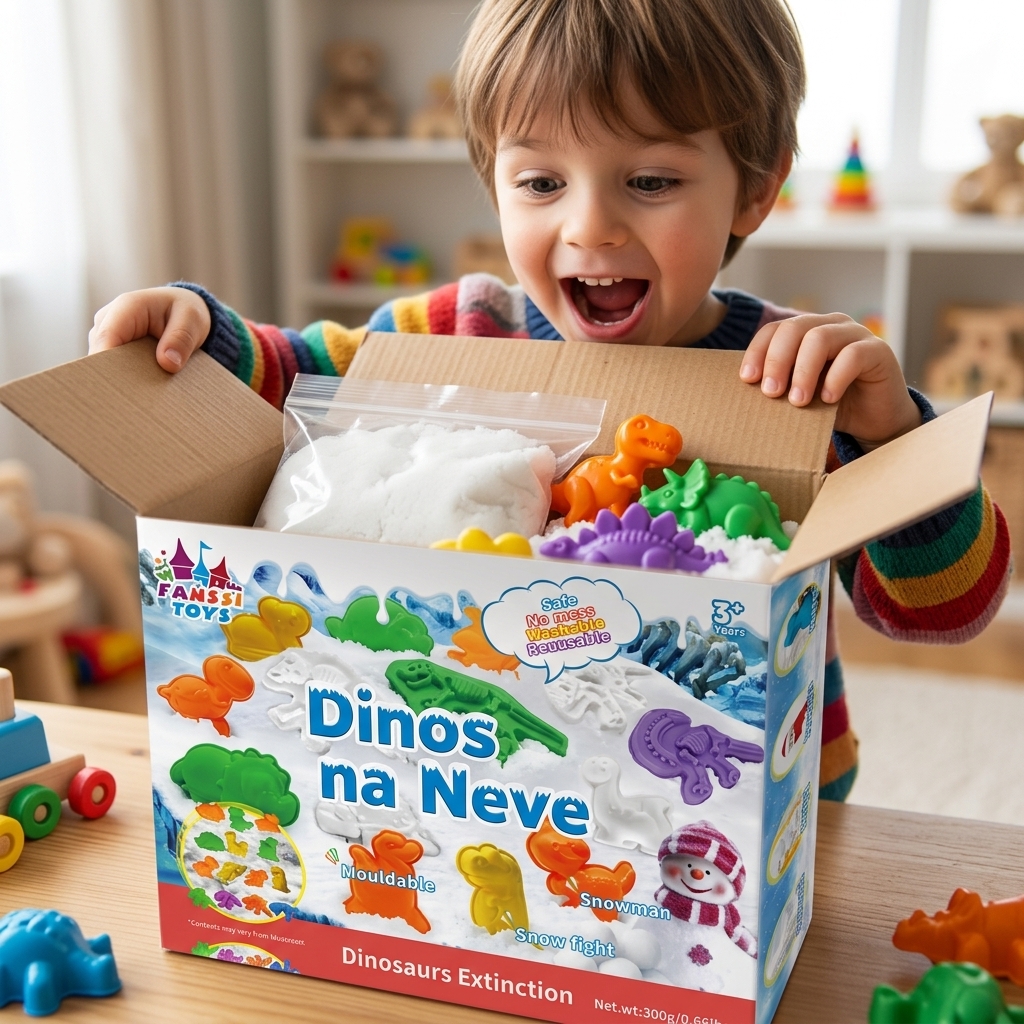 Criança abrindo a caixa Dinos na Neve