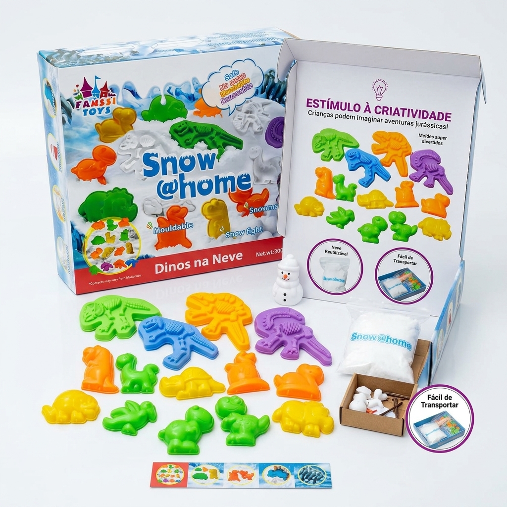 Conteúdo completo do kit Dinos na Neve