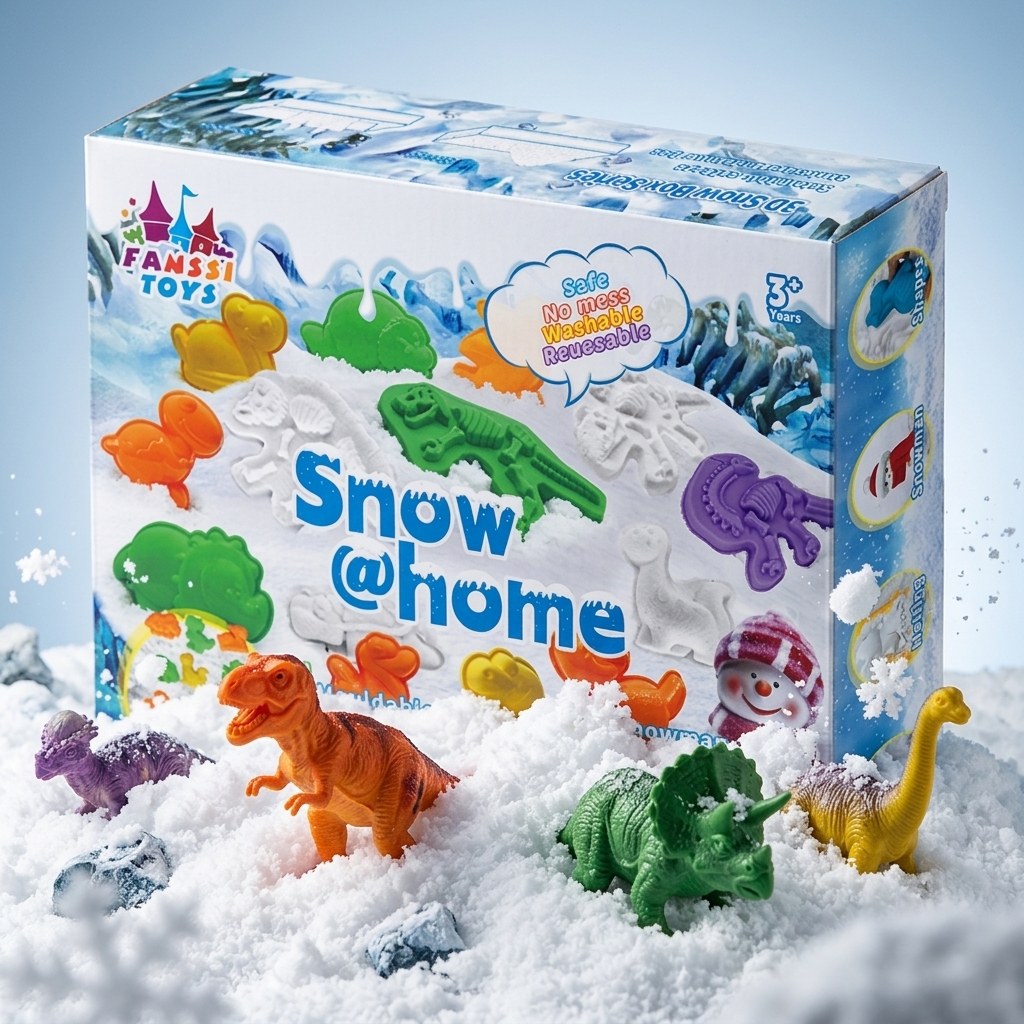 Dinossauros de brinquedo saindo da caixa Snow@Home sobre a neve