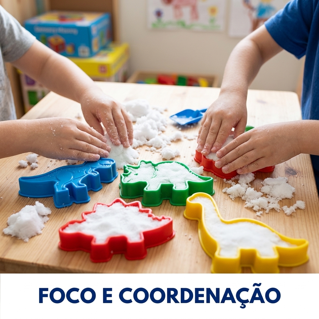 Crianças preenchendo moldes de dinossauros com neve — foco e coordenação