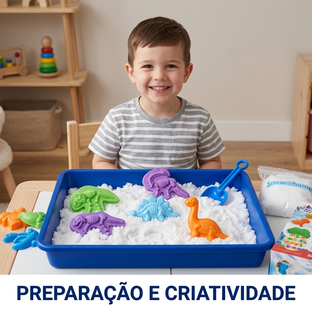 Criança criando mundo de dinossauros na neve — preparação e criatividade
