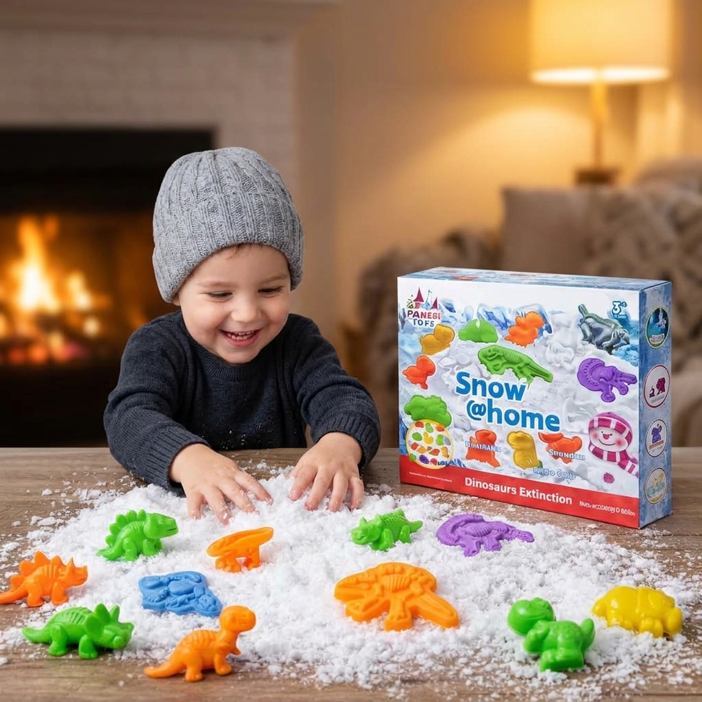 Criança brincando com neve e dinossauros Snow@Home