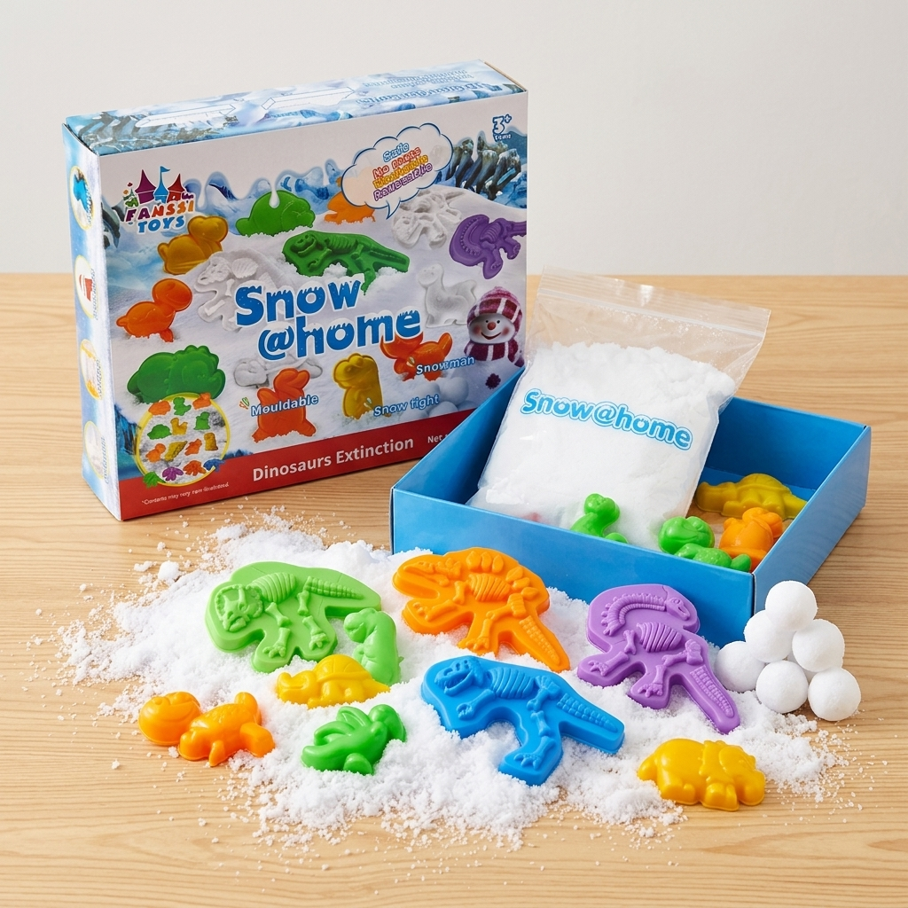 Caixa Snow@Home Dinosaurs com neve, saco de neve e moldes de dinossauros