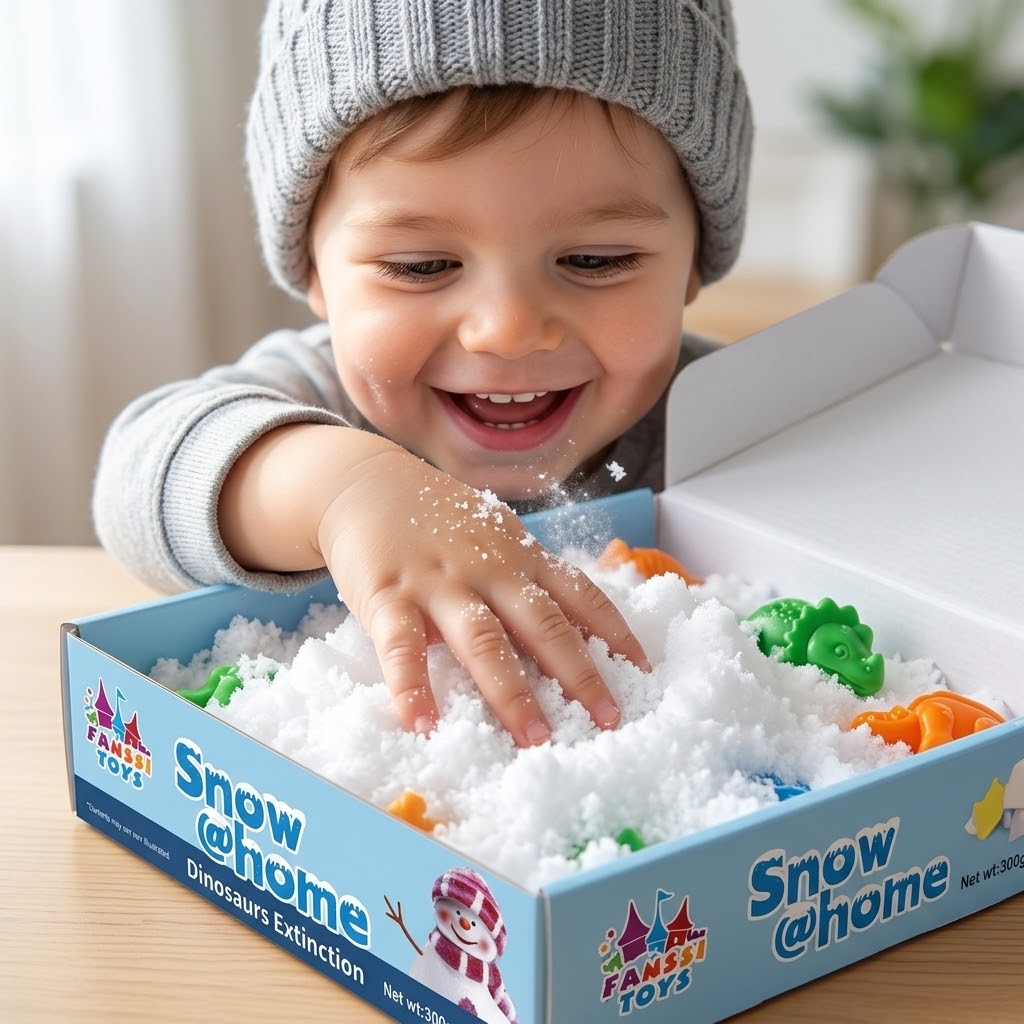 Criança colocando a mão na neve Snow@Home e sorrindo